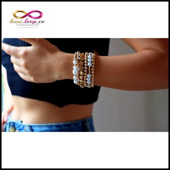 Stretchable Pearl Bead Bracelet Set Stackable Elegant Minimal Adjustable Fashion - Picture 7 of 7